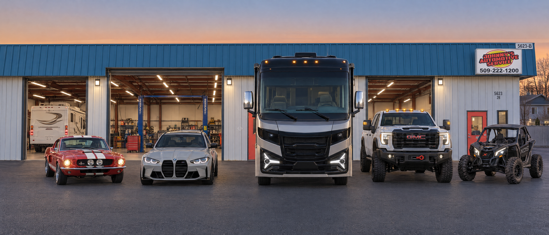A classic red Mustang, a silver BMW sedan, a Class A motorhome, a lifted white GMC pickup and a side-by-side parked at dusk in front of Johnny's Auto Diesel RV Repairs & Maintenance in Kennewick, with the shop's bays open and lit