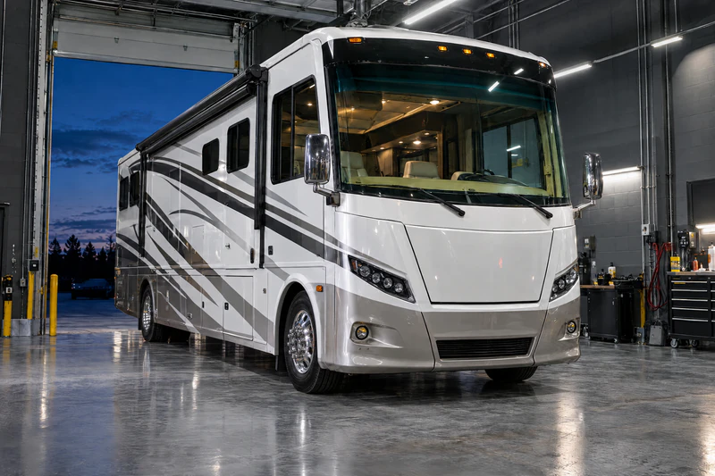 A Class A motorhome parked in a clean service bay, roll-up door open at dusk