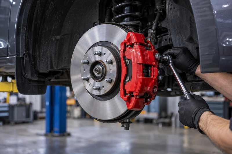A technician torquing a new brake caliper onto a fresh rotor